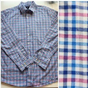 Ben Sherman Shirt Mens XL 17" Plaid Button Down Tailored Stretch Pink Blue White